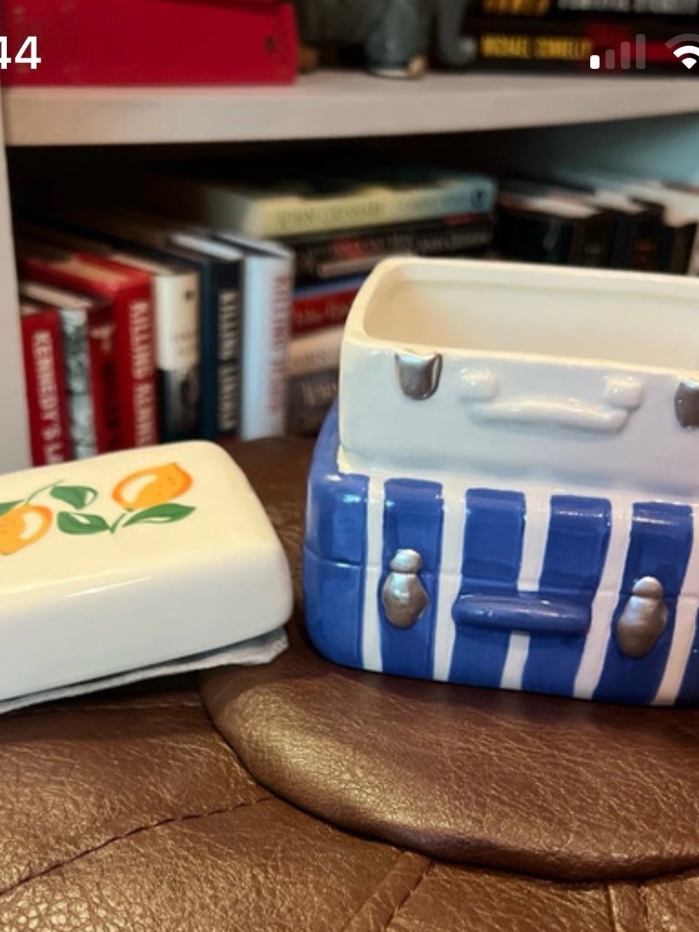 Blue and White Striped Ceramic Suitcase Trinket Box with Floral Lid